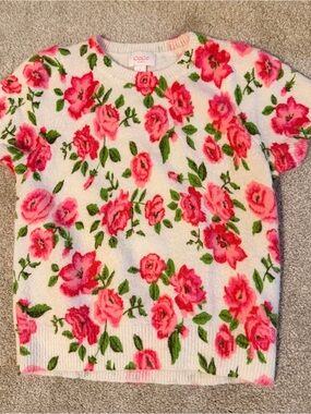 CeCe Kids Pink Floral Short-Sleeve Sweater Top, size Small